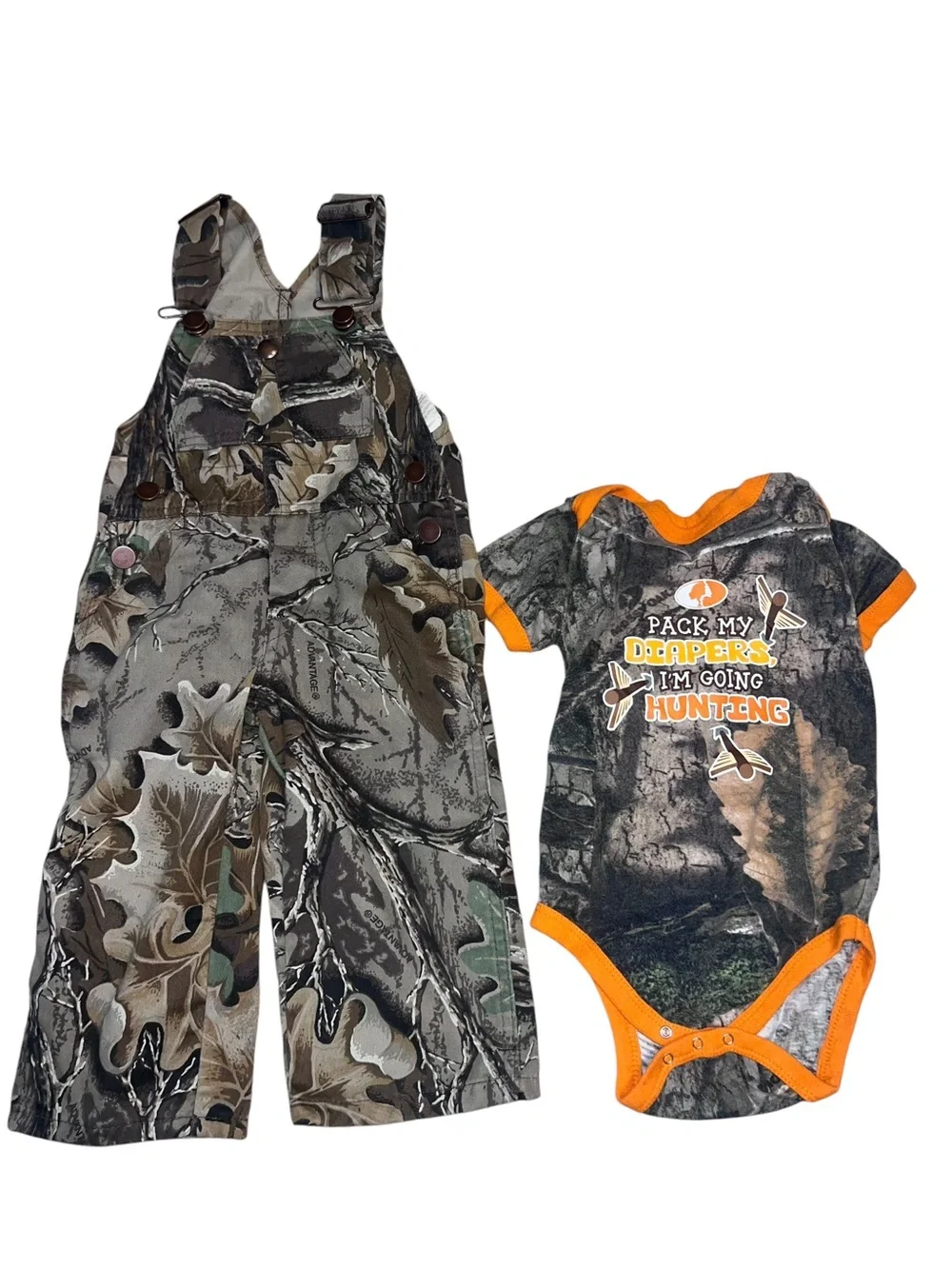 Camo Baby Overalls & Hunting Bodysuit Set - Orange Trim